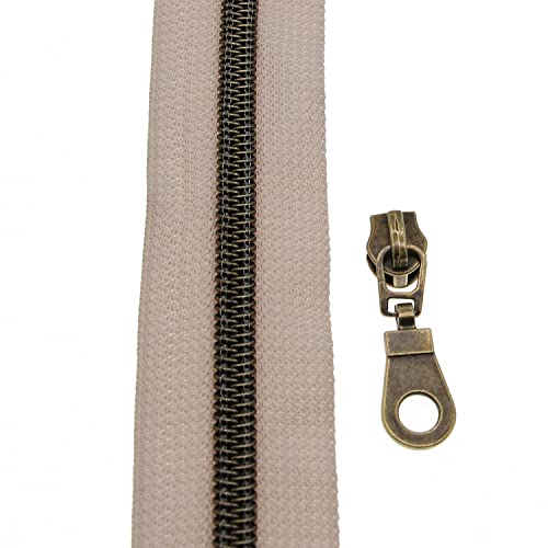 #5 Antique Brass Metallic Nylon Coil Zippers by The Yard Bulk Beige Tape 10 Yards with 25Pcs Pulls for DIY Sewing Craft Bags YIGUANXIN - color: Beige-Brass