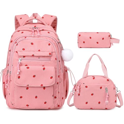 Bevalsa Backpack for Girls, 3PCS Corduroy Kids Backpack Set with Lunch Box & Pencil Pouch, Bookbag Daypack Laptop Bag for Women Teens Elementary Middle High School - color: Pink Strawberry