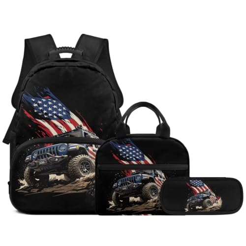 3PCS Backpack USA Flag Car 3 In 1 Bookbag Set with Lunch Box Pencil Case 17 Inch Travel Laptop Daypacks for Middle High School Students - color: Usa Flag Car