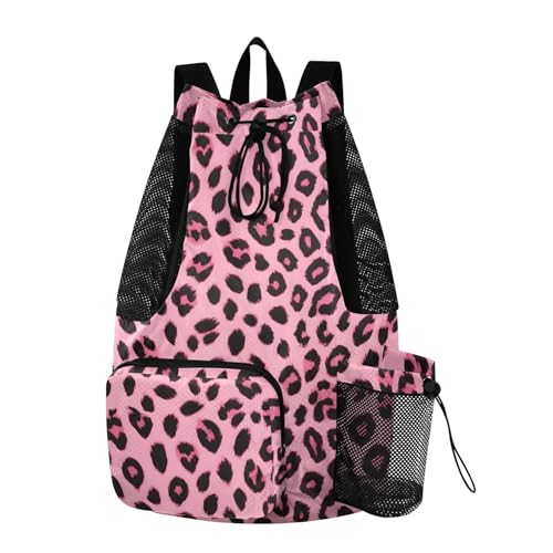 Bolaz Beach Drawstring Backpack Mesh Swim Bag for Men Women Pinks Leopard Cheetah Swimming Gym with Wet Pocket Packable Sports - color: Pinks Leopard Cheetah