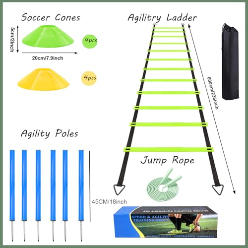 Agility Ladder Training Poles Equipment, Soccer Training Equipment-20ft Speed Ladder, 6 Agility Poles, 8 Soccer Cones for Training Football Basketball Rugby Training Equipment for Kids Youth Adults