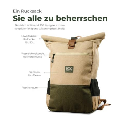 8000Kicks Everyday Hemp Backpack - Lightweight and Weatherproof Backpack for Work and Travel with Anti-theft pocket and Spacious Interior (Beige) - color: Beige and Green