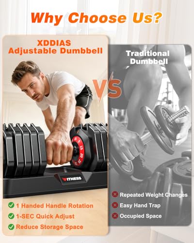 XDDIAS Adjustable Dumbbells Set of 2 for Strength Training, One-Hand Quick Adjust, 25/55/80/90 lbs Options, Anti-Slip Grip Handle, Compact Home Gym Weights for Men Women - color: Plus 10-Level 55LB Pair