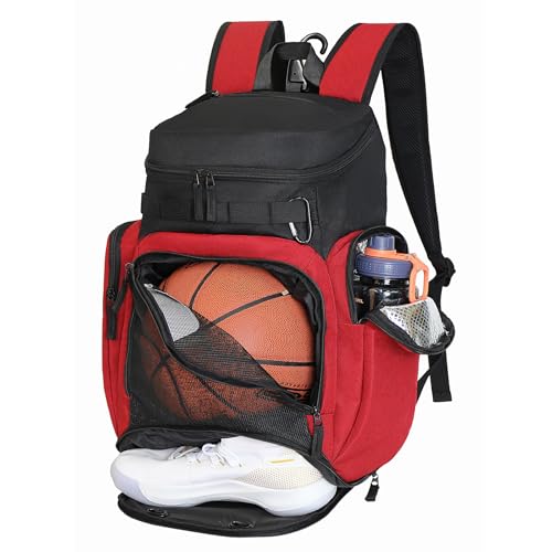 LARIPOP Basketball Backpack with Ball & Ventilated Shoe Compartment Insulated Pockets for Men Training - color: red