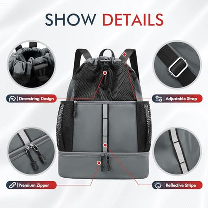 PinCute Drawstring Gym Bag for Men/Women - Mesh Beach Swim Bags Sports Backpack with Wet Pocket&Shoe Compartment, Lightweight - color: Dark Grey