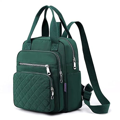 Small Backpack for Women Casual Quilted Square Bag Waterproof Multi Pockets Daypack Lightweight Top Handle Satchel - color: Green