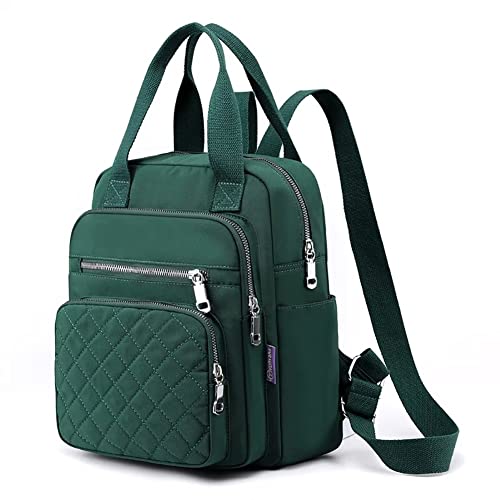 Small Backpack for Women Casual Quilted Square Bag Waterproof Multi Pockets Daypack Lightweight Top Handle Satchel - color: Green