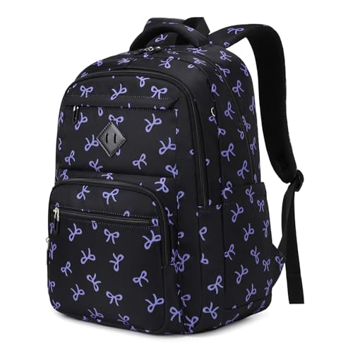 Sisipoet Girls Backpack, Lightweight School Backpack Multiple-pocket College Bookbag for Teen Girls Travel Backpack with Luggage Strap for Women, Black with Purple Bow - color: Purple Bow