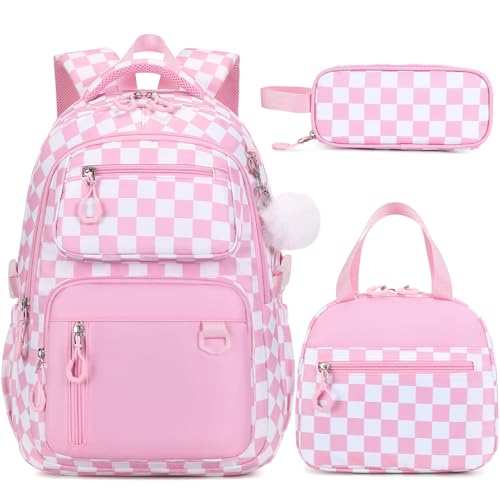 Bevalsa Backpack for Girls 3PCS Teen Girls Pink Backpack for School with Lunch Bag Pencil Case Cute Kids Laptop Backpacks Bookbag for Elementary Middle High School College Student (Checkerboard) - color: Pink Checkerboard
