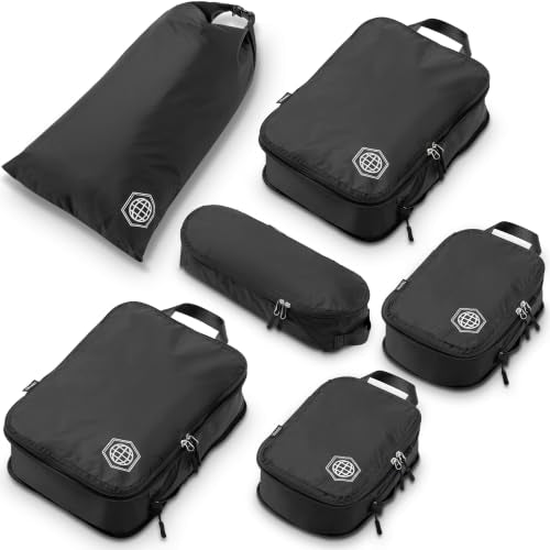 Compression Packing Cubes 6 Piece Set for Travel - Lightweight, Durable Clothes Organizer (Black) - color: Black, size: 6 Piece