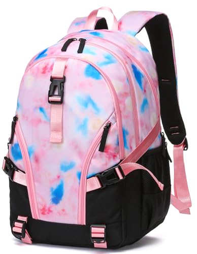 BLUEFAIRY High School Backpack for Girls Boys Middle School Bookbag for Kids Back to School Bag for College with Large Compartment Casual Daypack Mochilas para Niñas Adolescentes 18" Tie Dye Pink - color: Baby Pink