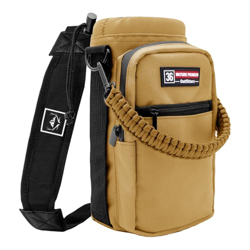 NATURE PIONEOR Water Bottle Holder with Adjustable Strap - 26/32/36/40/46/64oz Insulated Water Bottle Sling Carrier with Paracord Handle & 2 Pockets, Outdoor Sports, Hiking, Camping, Gym - color: Brown, size: 32-36oz