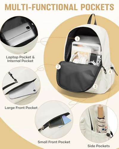 School Backpack for Girls Boys Bookbag Cute Aesthetic College Backpack Women Middle High School Teen Students Book Bag Lightweight Gym Work Laptop Casual Daypack Backpacks Men Beige - color: Beige