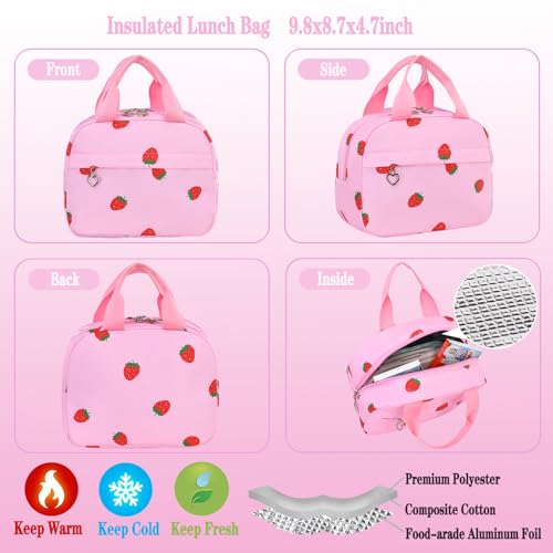 Girls Backpack Set with Lunch Box & Pencil Case, Floral Print Girls School Backpack for Elementary/Middle/High School (Pink-Strawberry) - color: Pink-strawberry