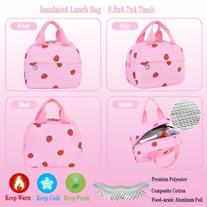 Girls Backpack Set with Lunch Box & Pencil Case, Floral Print Girls School Backpack for Elementary/Middle/High School (Pink-Strawberry) - color: Pink-strawberry