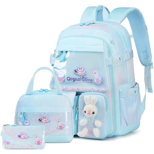 FIXITOK Girls Backpack Set, 3PCS Kids Backpack for Girls, Kawaii Bunny School Backpacks for Girl Kindergarten Elementary Preschool Middle School Bags with Lunch Box Pencil Case Dreamy-Aquamarine - color: Dreamy-aquamarine