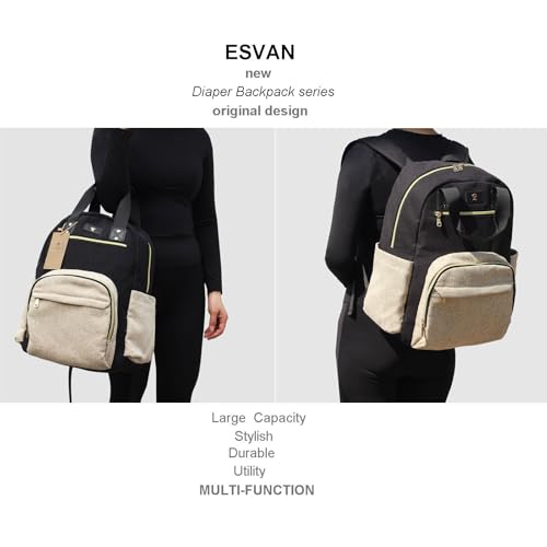 ESVAN Diaper Bag Backpack, Large Capacity Multifunction Baby Essentials Fashion Travel Pack Linen Canvas office Laptop Bag (Linen Beige) - color: Linen Beige