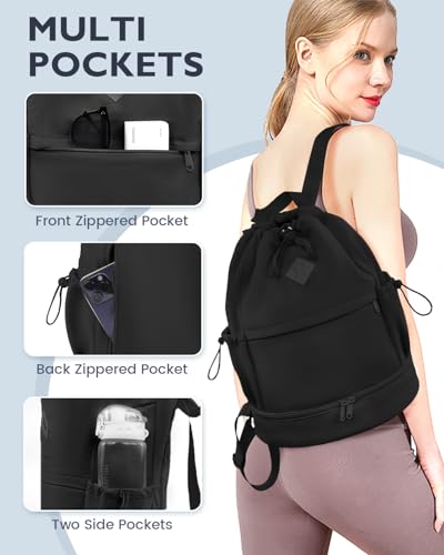 RHDZO Drawstring Backpack Sports Gym Bag with Shoe Compartment and Wet Pocket String Swim Bag for Women Men Beach Backpack, Black - color: Black