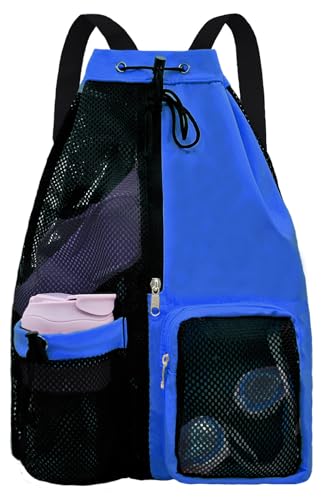 Mesh Beach Backpack with Wet Pocket Drawstring Pool Bag Waterproof Swimming Bag Gym Backpack for Men & Women - color: Royal Blue