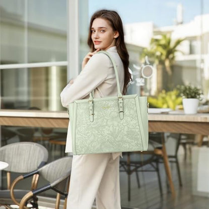 MOSISO Laptop Bag for Women, 15.6-16 inch PU Leather Tote Bag Compatible with MacBook, HP, Dell, Asus Notebook, Front Embossed Retro Hibiscus Computer Bags with Silk Scarf&Clutch Purse, Sage Green - color: Sage Green, size: 16 inch