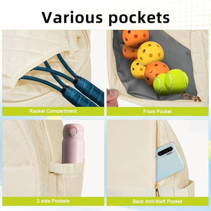 YEEGO DIRECT Tennis Bags for Women, Tennis Backpack Pickleball Racket Bags,Water-Resistant Sling Tote Padel Bag for Pickleball Tennis Badminton, Cute Gifts for Women Girl, Duffle Bag Gym Travel - color: Beige