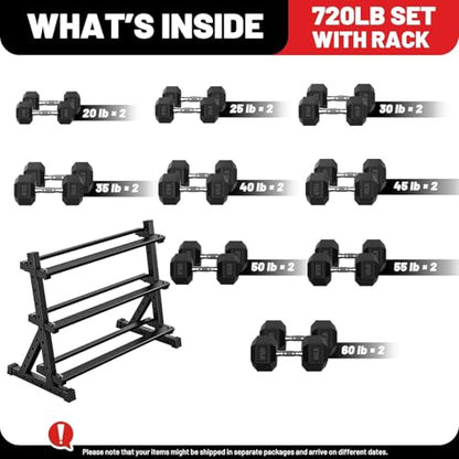 PAPABABE Hex Dumbbell Set with Rack, Rubber Encased Free Weight with Weight Storage Racks, Multiple Weight Options for Home Gym and Fitness - style: 720LB with 3-Tier Weight Rack