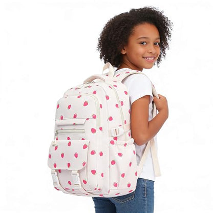 High Middle School Backpack for Girls Travel Kawaii Laptop Kids Bookbag, Strawberry Beige - color: Beige Strawberry