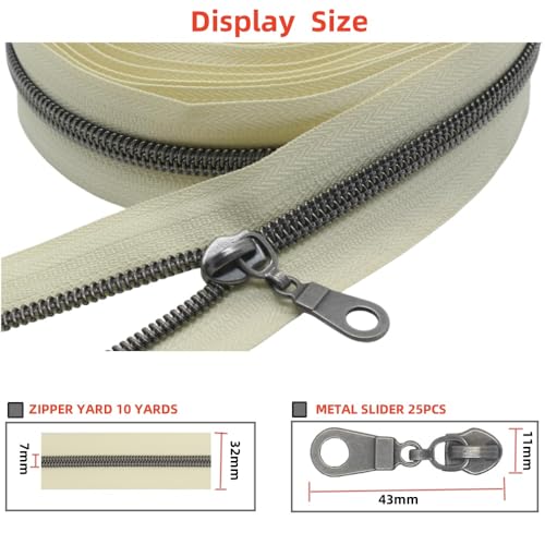 MebuZip #5 Gunmetal Metallic Nylon Coil Zippers by The Yard Bulk Coil Zipper Roll 10 Yards with 25pcs Pulls for DIY Sewing Craft Bags (Beige) - color: Gunmetal Beige