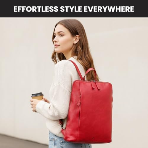 12.5 Inch Genuine Leather Backpack for Women and Men, Red Leather Backpack with Adjustable Shoulder Strap - color: Red