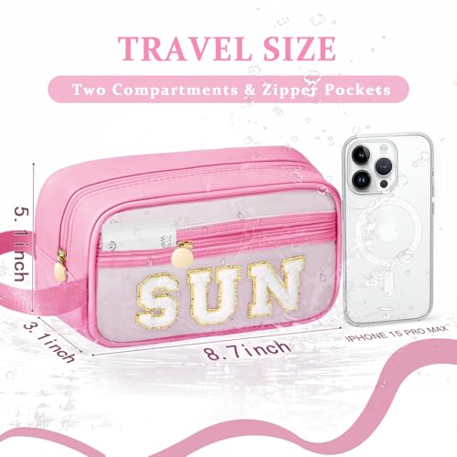 COSHAYSOO Clear Sunscreen Bag Makeup Toiletries Pouch Beach Vacation Essentials Summer Travel Stuff Accessories Personalized Graduation Gifts for Her Women College Teen Girls Teacher Nurse Pink SUN - color: Pink-SUN