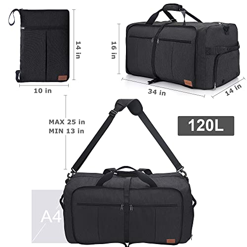 120L Foldable Collapsible Waterproof Travel Duffel Bag for Men and Women with Shoe Compartment - color: Black, size: 120L