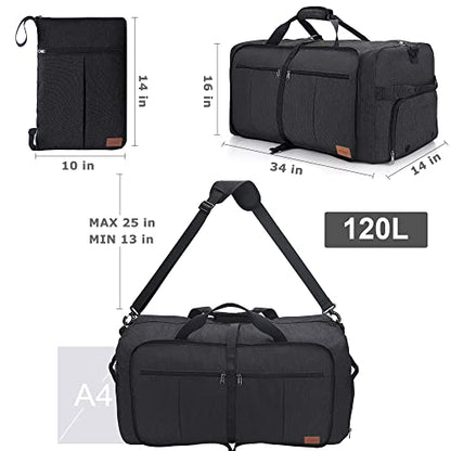 120L Foldable Collapsible Waterproof Travel Duffel Bag for Men and Women with Shoe Compartment - color: Black, size: 120L