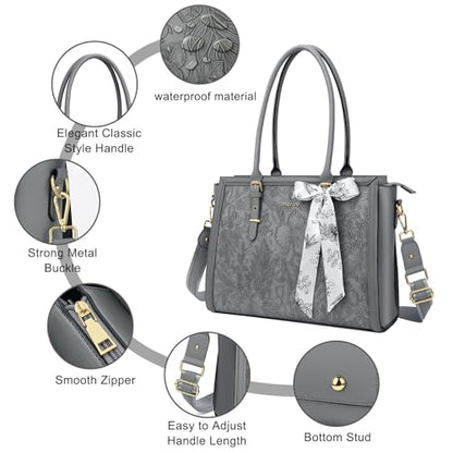 MOSISO Laptop Bag for Women, 17-17.3 inch PU Leather Tote Bag Compatible with MacBook, HP, Dell, Asus Notebook, Front Embossed Retro Hibiscus Computer Bags with Silk Scarf&Clutch Purse, Gray - color: Gray, size: 17.3 inch