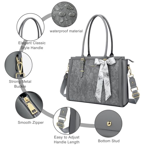 MOSISO Laptop Bag for Women, 15.6-16 inch PU Leather Tote Bag Compatible with MacBook, HP, Dell, Asus Notebook, Front Embossed Retro Hibiscus Computer Bags with Silk Scarf&Clutch Purse, Gray - color: Gray, size: 16 inch