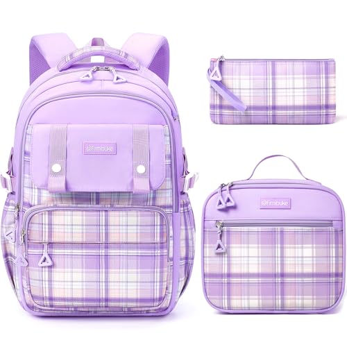 Fimibuke Kids Backpack for Girls, 3 PCS Waterproof Teens Girls School Backpack with Lunch Box, Pencil Pouch Set, Cute Bookbag Travel School Bag for Elementary Middle High School Student Age 6+(Purple) - color: A2.purple