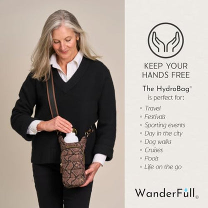 WanderFull® Original HydroBag®, Fits Up to 32 oz Water Bottle Holder with Strap, Gift for Women, Hands-Free Crossbody, Water Bottle Carrier Bag with Phone Pocket - color: Snake Print Nylon
