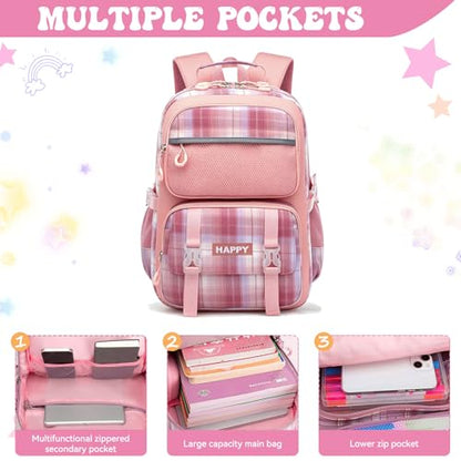 Backpack for Girls,Cute Plaid Backpack,Preppy Bookbag for Elementary & Middle School Students,Large Capacity School Bag,17 Inch,Pink - color: Pink