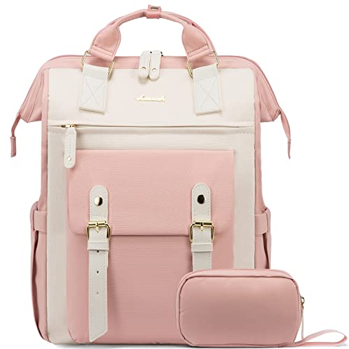 LOVEVOOK Laptop Backpack for Women Work Travel Computer Backpacks Purse, Nurse Bag Teacher Business Laptop Bag, Fashion College Backpack Casual Daypack, 15.6 Inch, Pink-Beige-Beige - color: Pink-beige-beige, size: 15.6 Inch
