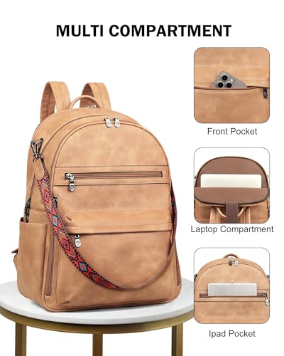 FADEON 15.6 Inch Laptop Backpack Purse for Women, Large Capacity | Vegan Leather Backpack with Padded Straps, Laptop & iPad Slots Fits 13", 14" & 15.6". Roomy for Daily, Work & Travel - color: Camel Brown Retro Style