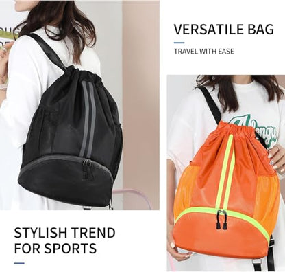 Drawstring Backpack Gym Bag with Shoe Compartment - Ideal for Basketball, Swimming, Beach Activities, Unisex - color: Orange