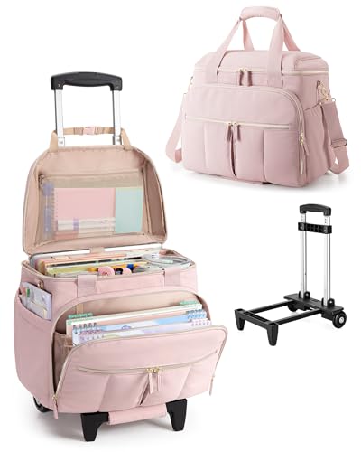 Marscamd Rolling Teacher Bag with Accordion File Organizer & 15.6" Laptop Compartment, Wheeled Work Briefcase Tote with Detachable Trolley & Crossbody Strap for Women, Pink - color: Pink