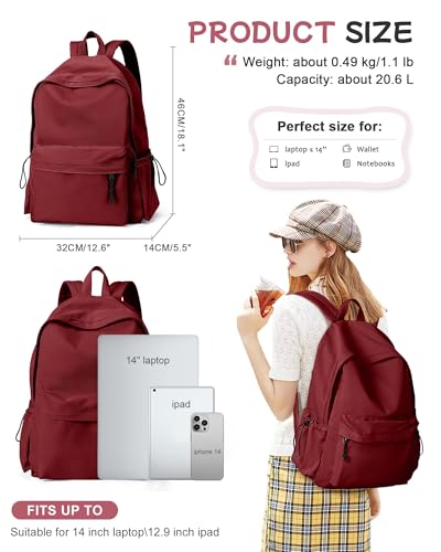 SEAFEW Red Lightweight Basic Backpack for High School,College Bookbag for Womens,Travel Laptop Backpacks for Teen Girls,School Bag Casual Daypack - color: Red Lightweight