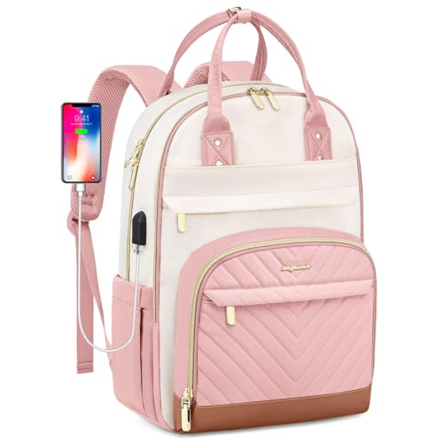 School Backpack for Women Teen Girls - 15.6 inch Laptop Backpack with USB Charger Waterproof College Bookbag Casual Daypack Computer Backpack for Work Travel Backpacks for Teacher Nurse Pink Beige - color: 72-pink Beige, size: 15.6 Inch