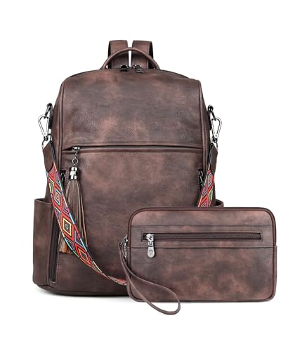 FADEON Womens Backpack Purse Large Designer PU Leather Laptop Backpacks, Ladies Computer Shoulder Bags (3 Coffee Brown Retro Style, Medium (14-in Height)) - color: 3 Coffee Brown Retro Style, size: Medium (14-in Height)