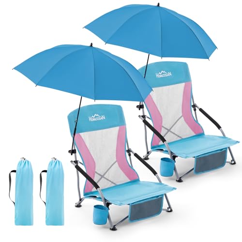 Homcosan Portable Low Folding Beach Chairs Set of 2 with Detachable Umbrellas - Lightweight Camping Chairs for Adults with Cup Holder & Storage Pockets, Carry Bag Included (Blue & Pink) - color: Blue & Pink, size: 2 Packs, style: chair with umbrella