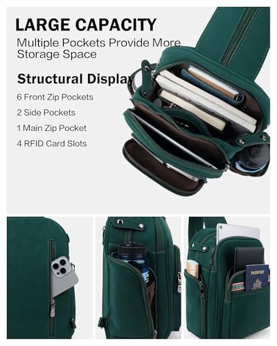 FADEON Large Sling Bag for Women, Designer Leather Crossbody Purse Convertible Sling Backpack, Anti Theft Daypack for Travel - color: Dark Green Nubuck Style