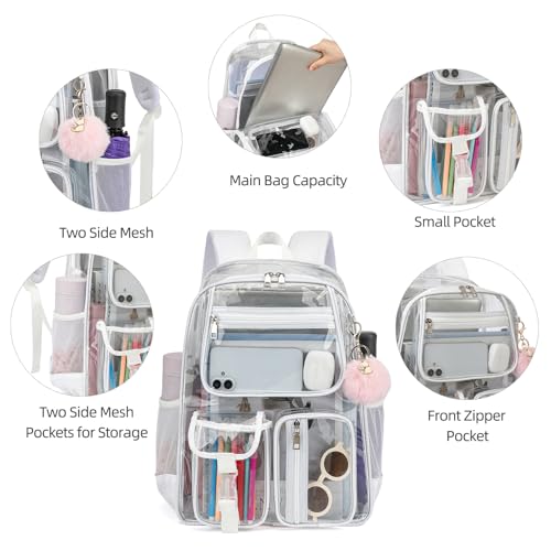 Clear Backpacks for Girls Women, Heavy Duty PVC Transparent School Bookbag See Through Back Pack for College Work Travel (White) - color: White