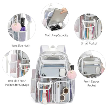 Clear Backpacks for Girls Women, Heavy Duty PVC Transparent School Bookbag See Through Back Pack for College Work Travel (White) - color: White