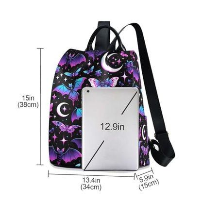 MNSRUU Women Backpack Purse Neon Purple and Bats Stars and Moons Backpack for Women Anti-theft Shoulder Bag Carry On Backpack Lightweight Rucksack Fashion Travel Ladies Bags - color: Bats A8889