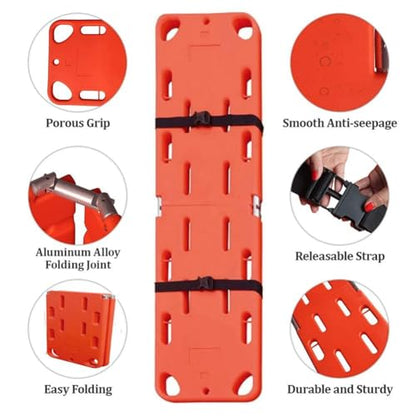 Emergency Spine Board Stretcher with Head Immobilizer and Neck Guard, Foldable Backboard, Water Floating Rescue Stretcher, Lightweight PE Board for First Responders and Use,Two Fold (T